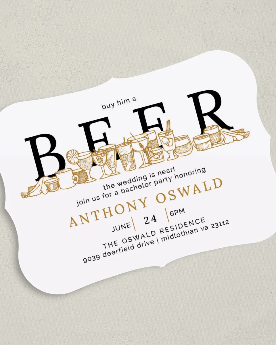 This is a 5" x 7" Bachelor Party Invitation called Groom's Beer printed in full color on Premium Smooth paper