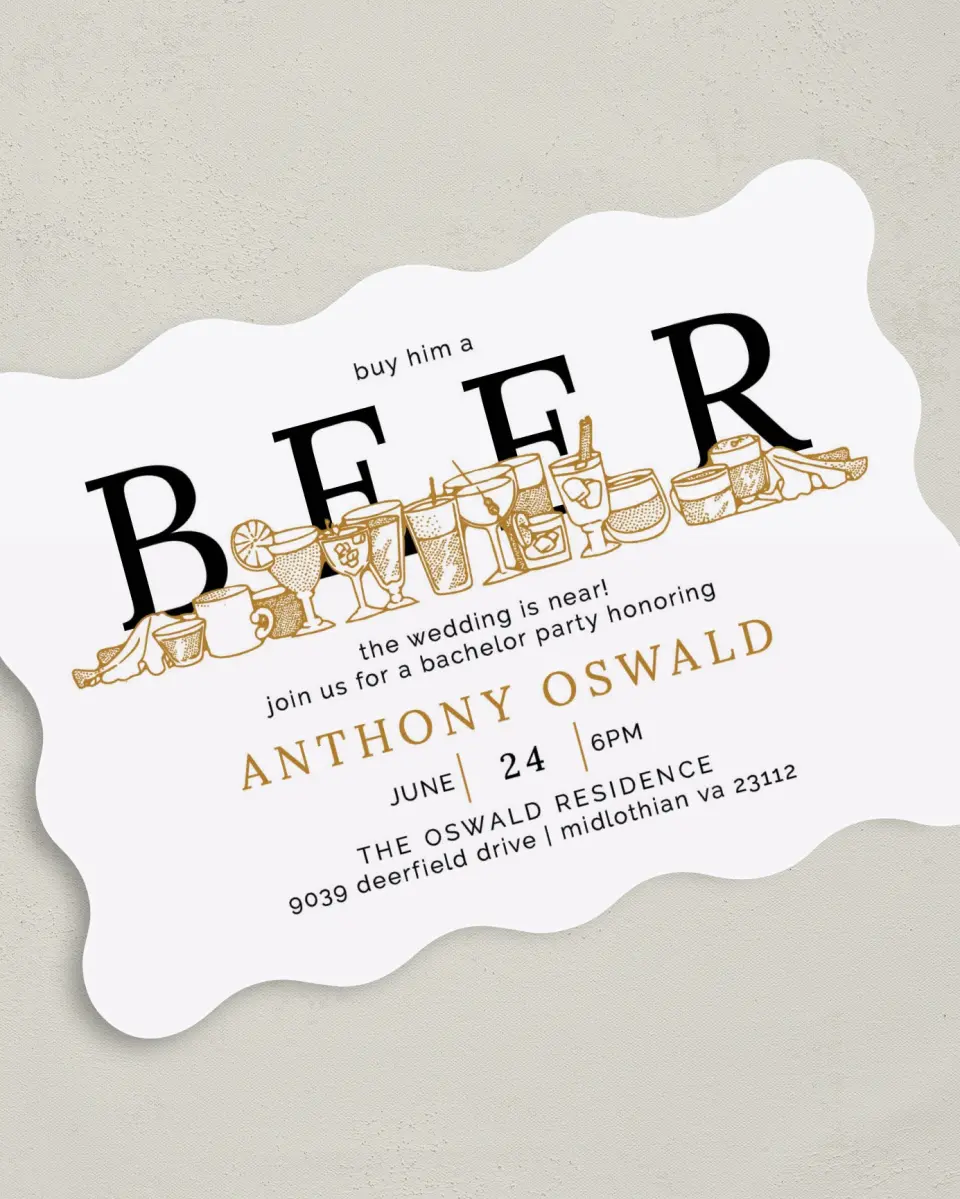 This is a 5" x 7" Bachelor Party Invitation called Groom's Beer printed in full color on Premium Smooth paper