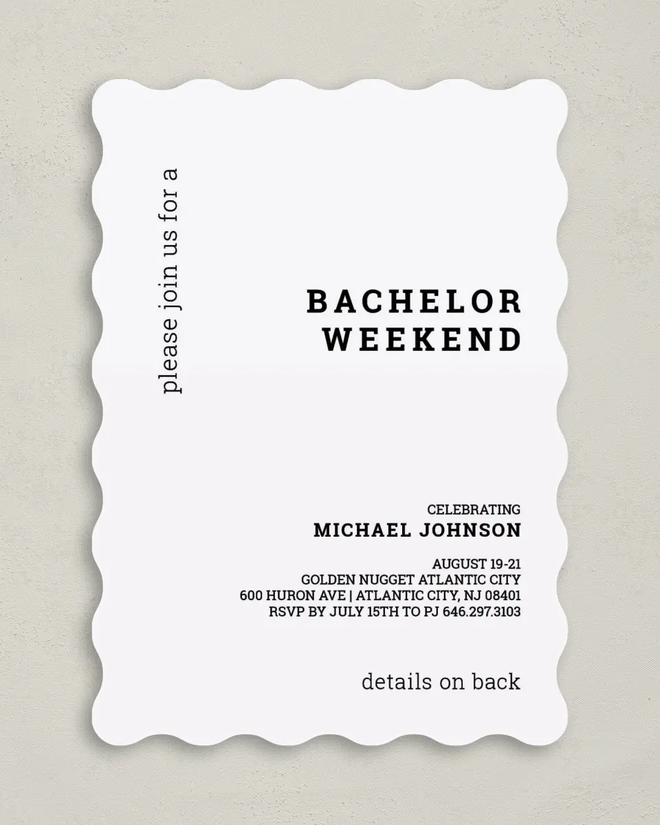 This is a 5" x 7" Bachelor Party Invitation called Simple Soiree printed in full color on Premium Smooth paper