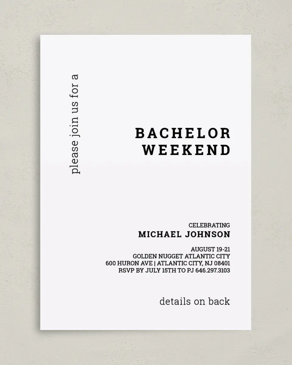 This is a 5" x 7" Bachelor Party Invitation called Simple Soiree printed in full color on Premium Smooth paper