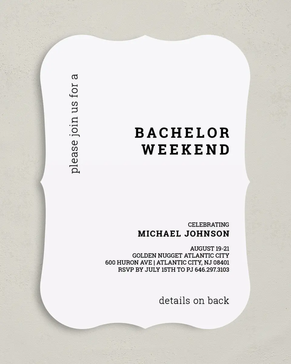 This is a 5" x 7" Bachelor Party Invitation called Simple Soiree printed in full color on Premium Smooth paper