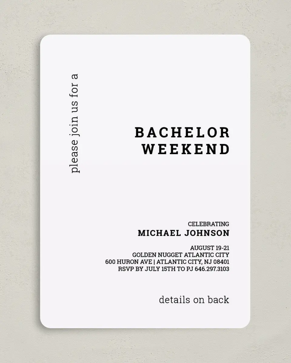 This is a 5" x 7" Bachelor Party Invitation called Simple Soiree printed in full color on Premium Smooth paper