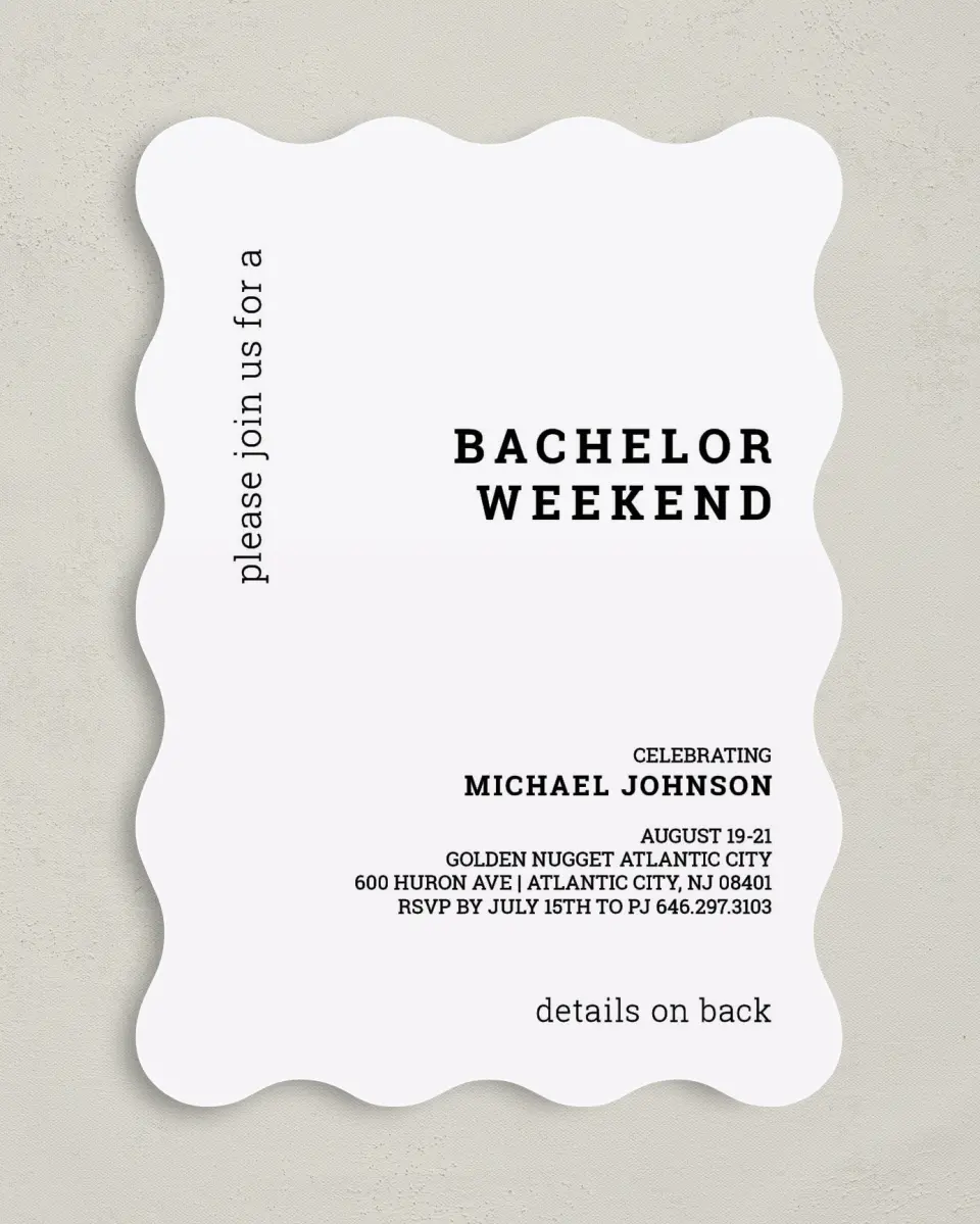 This is a 5" x 7" Bachelor Party Invitation called Simple Soiree printed in full color on Premium Smooth paper
