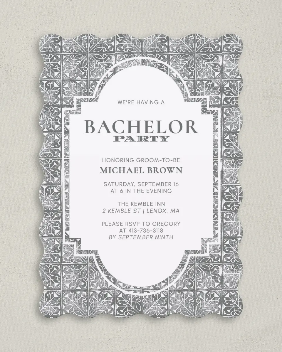This is a 5" x 7" Bachelor Party Invitation called Tiled Party printed in full color on Premium Smooth paper