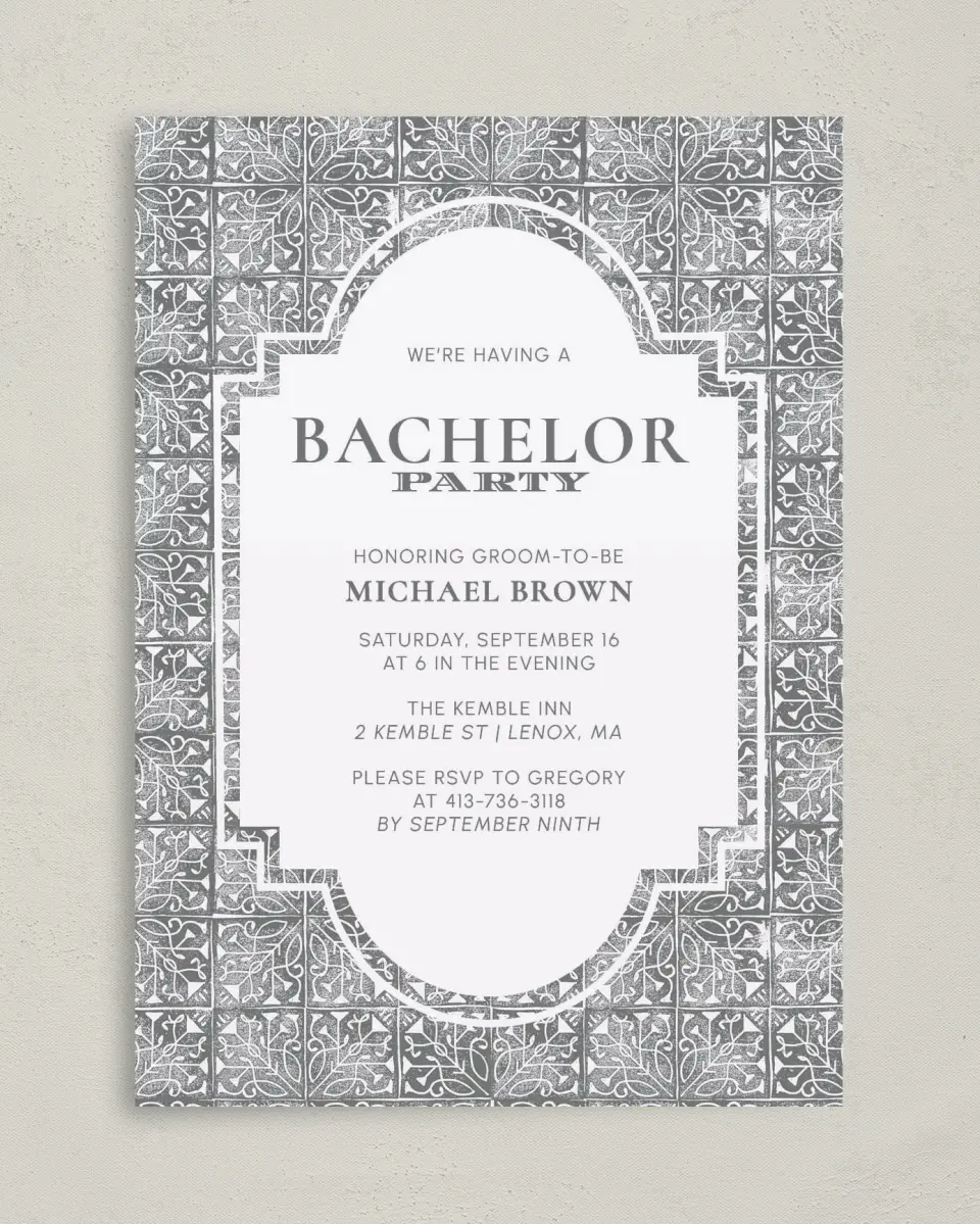 This is a 5" x 7" Bachelor Party Invitation called Tiled Party printed in full color on Premium Smooth paper