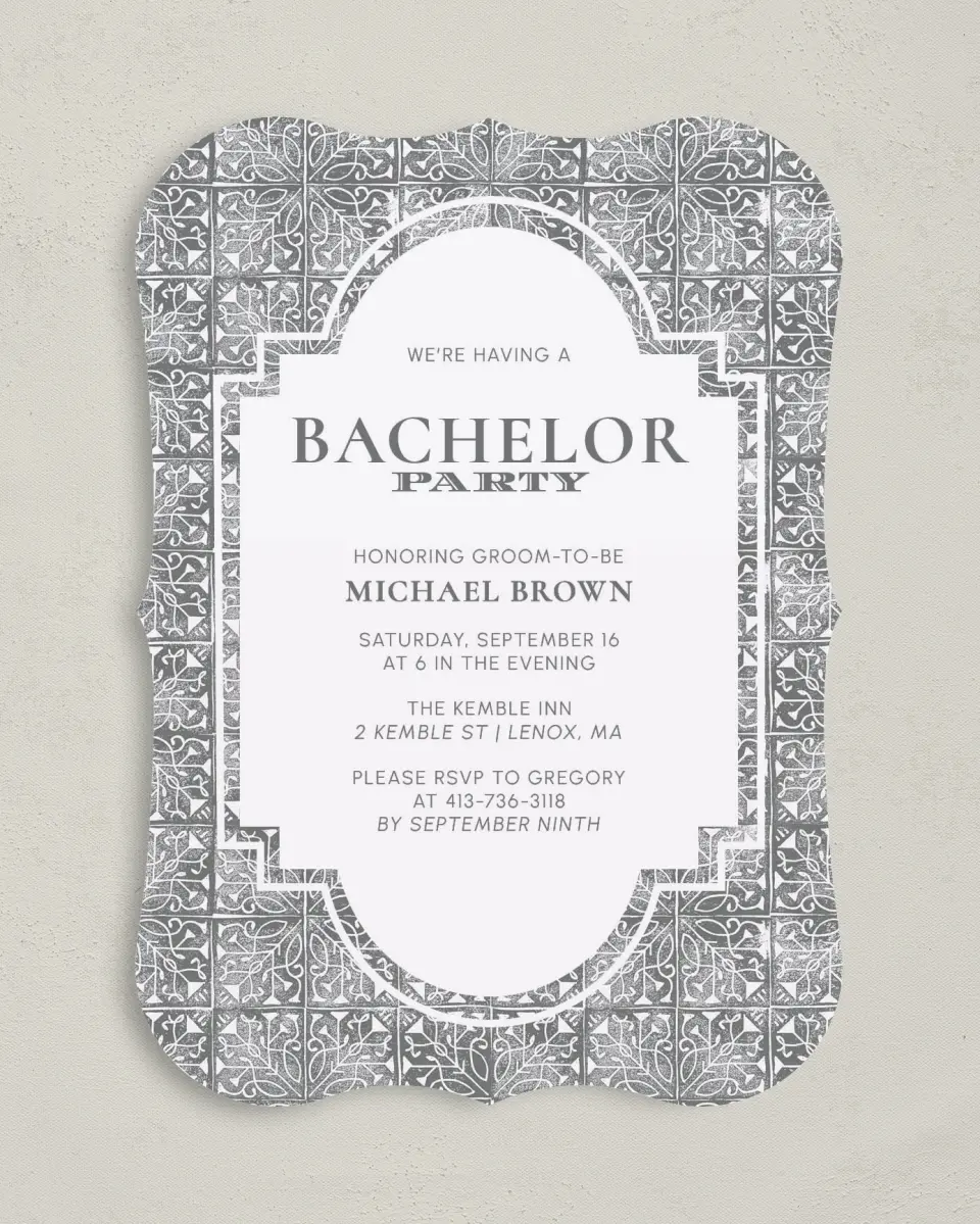 This is a 5" x 7" Bachelor Party Invitation called Tiled Party printed in full color on Premium Smooth paper