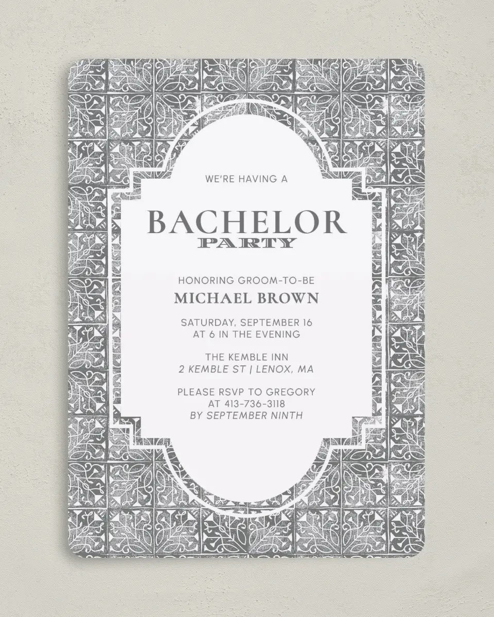 This is a 5" x 7" Bachelor Party Invitation called Tiled Party printed in full color on Premium Smooth paper