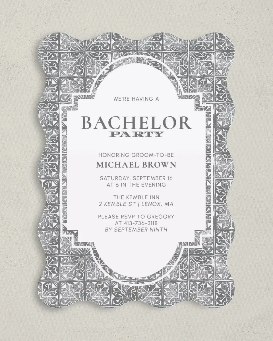 This is a 5" x 7" Bachelor Party Invitation called Tiled Party printed in full color on Premium Smooth paper