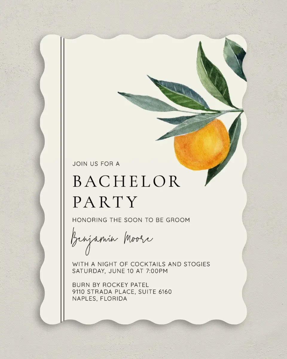 This is a 5" x 7" Bachelor Party Invitation called Citrus Party printed in full color on Premium Smooth paper