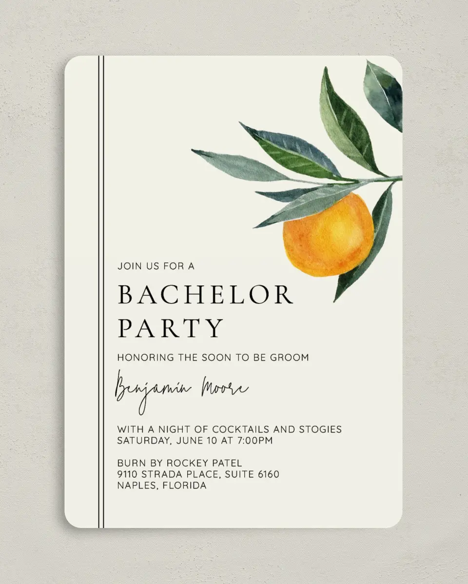 This is a 5" x 7" Bachelor Party Invitation called Citrus Party printed in full color on Premium Smooth paper