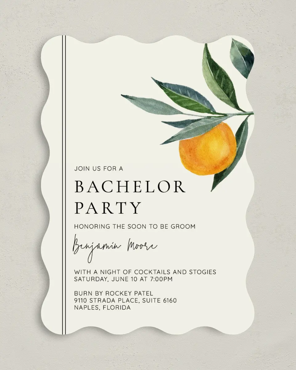 This is a 5" x 7" Bachelor Party Invitation called Citrus Party printed in full color on Premium Smooth paper