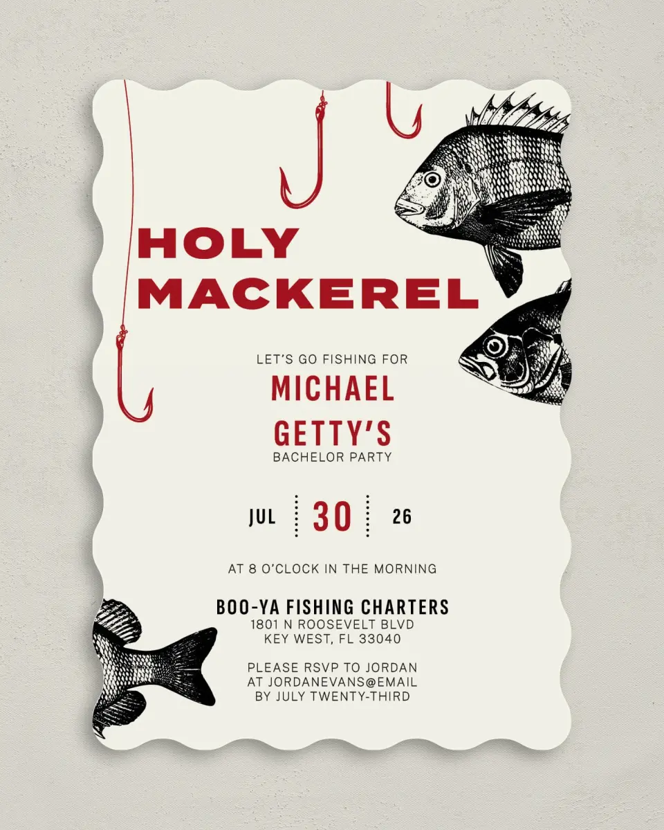 This is a 5" x 7" Bachelor Party Invitation called Holy Mackerel printed in full color on Premium Smooth paper