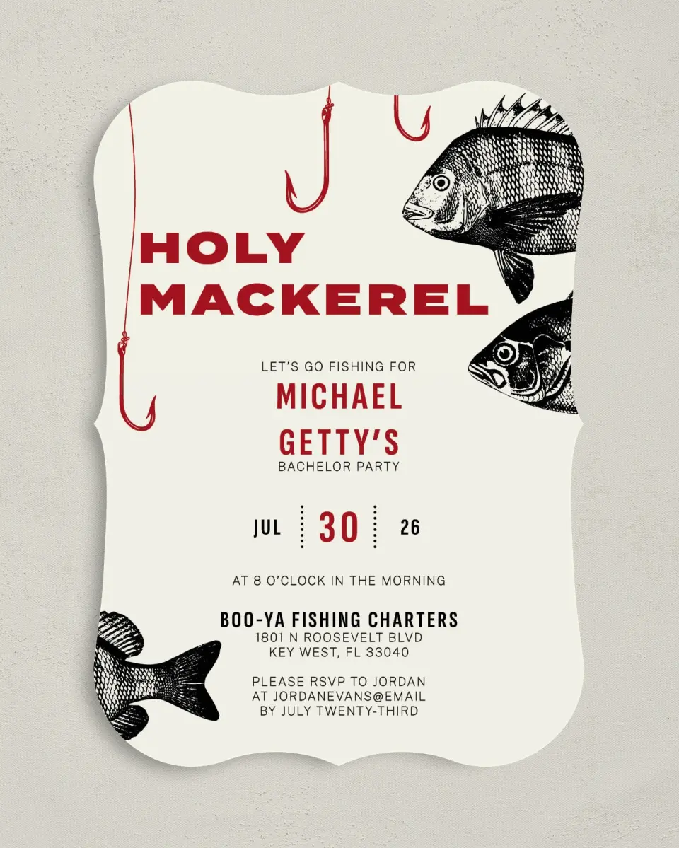 This is a 5" x 7" Bachelor Party Invitation called Holy Mackerel printed in full color on Premium Smooth paper