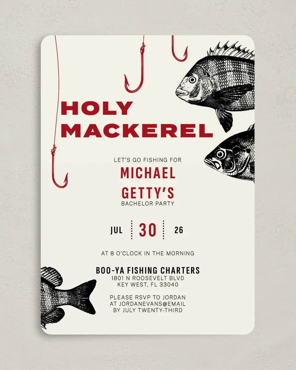 This is a 5" x 7" Bachelor Party Invitation called Holy Mackerel printed in full color on Premium Smooth paper