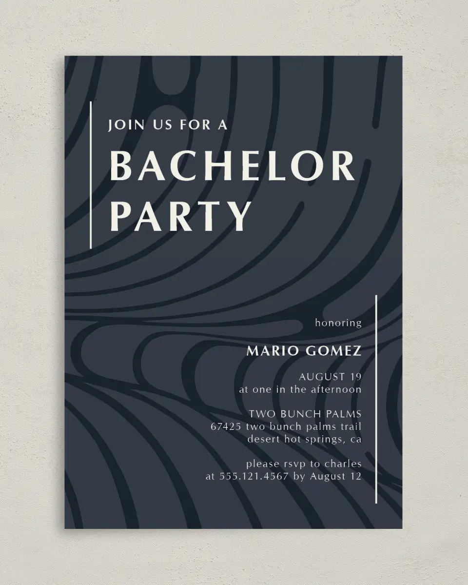 This is a 5" x 7" Bachelor Party Invitation called Contemporary Mister printed in full color on Premium Smooth paper