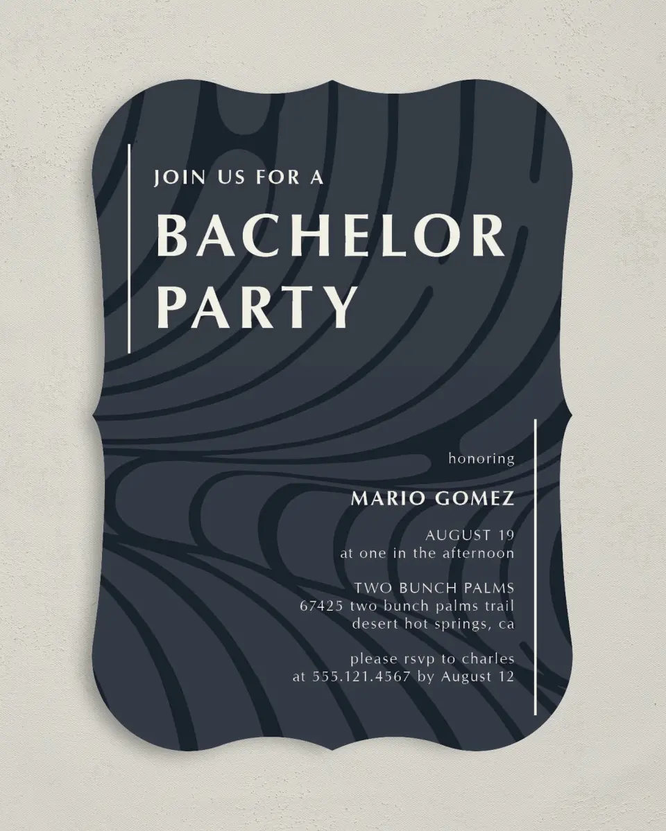 This is a 5" x 7" Bachelor Party Invitation called Contemporary Mister printed in full color with Rose Gold foil on Luxe Satin (coated) paper