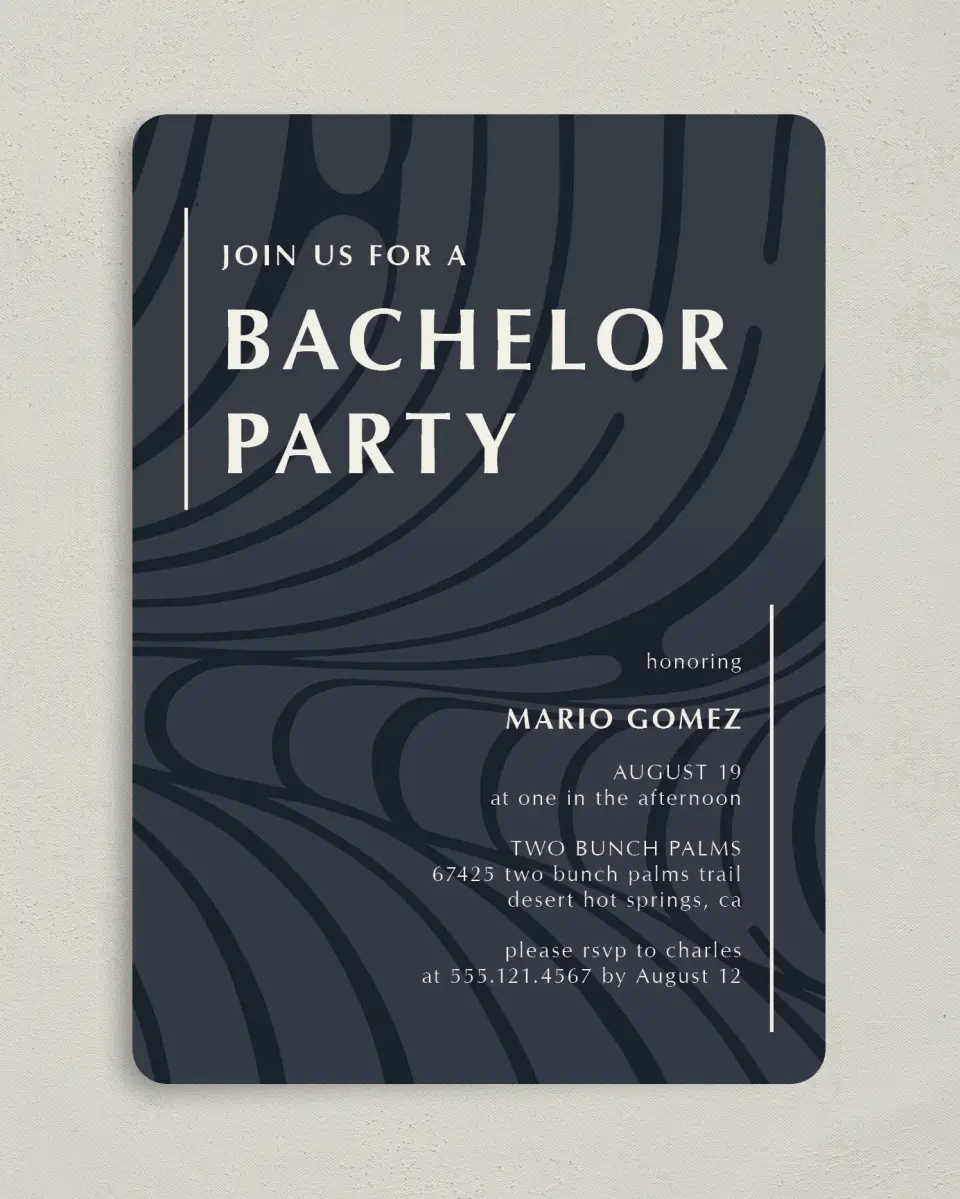 This is a 5" x 7" Bachelor Party Invitation called Contemporary Mister printed in full color on Premium Smooth paper