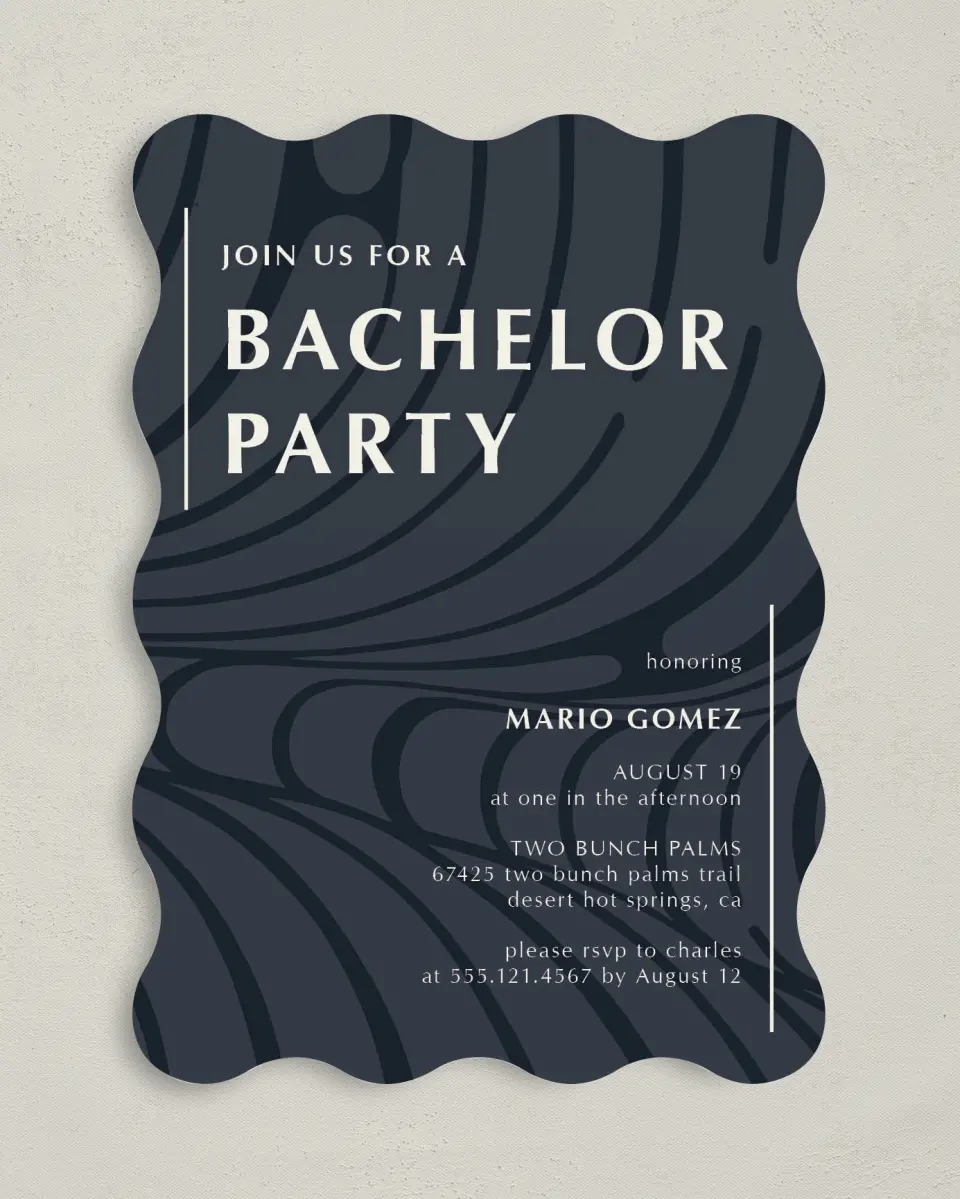 This is a 5" x 7" Bachelor Party Invitation called Contemporary Mister printed in full color on Premium Smooth paper