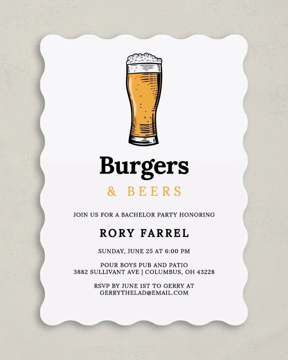 This is a 5" x 7" Bachelor Party Invitation called Burgers & Beers printed in full color on Premium Smooth paper