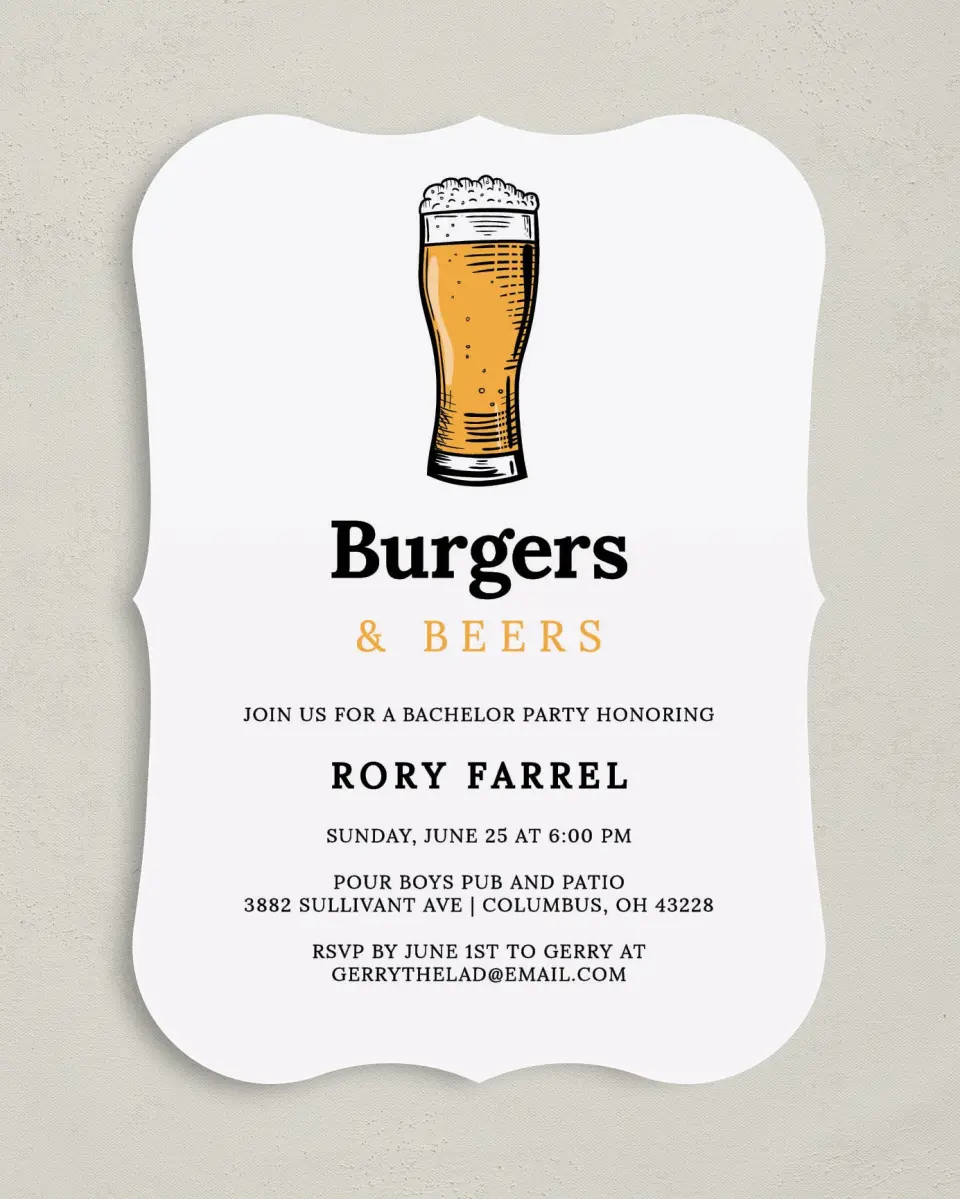 This is a 5" x 7" Bachelor Party Invitation called Burgers & Beers printed in full color on Premium Smooth paper