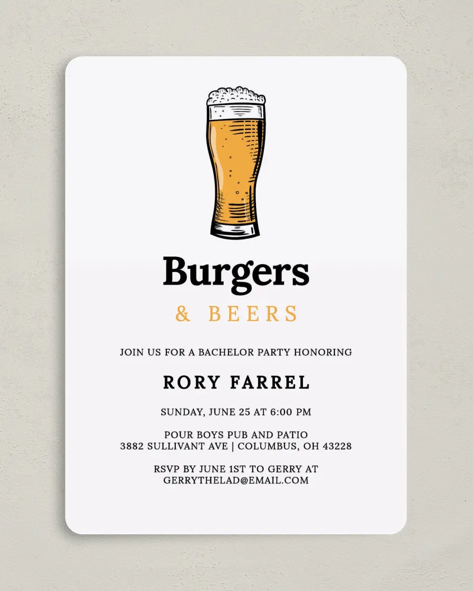 This is a 5" x 7" Bachelor Party Invitation called Burgers & Beers printed in full color on Premium Smooth paper