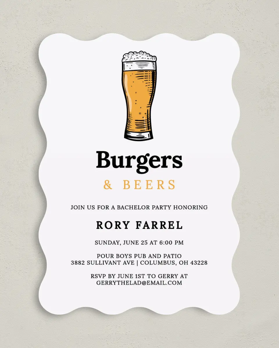 This is a 5" x 7" Bachelor Party Invitation called Burgers & Beers printed in full color on Premium Smooth paper