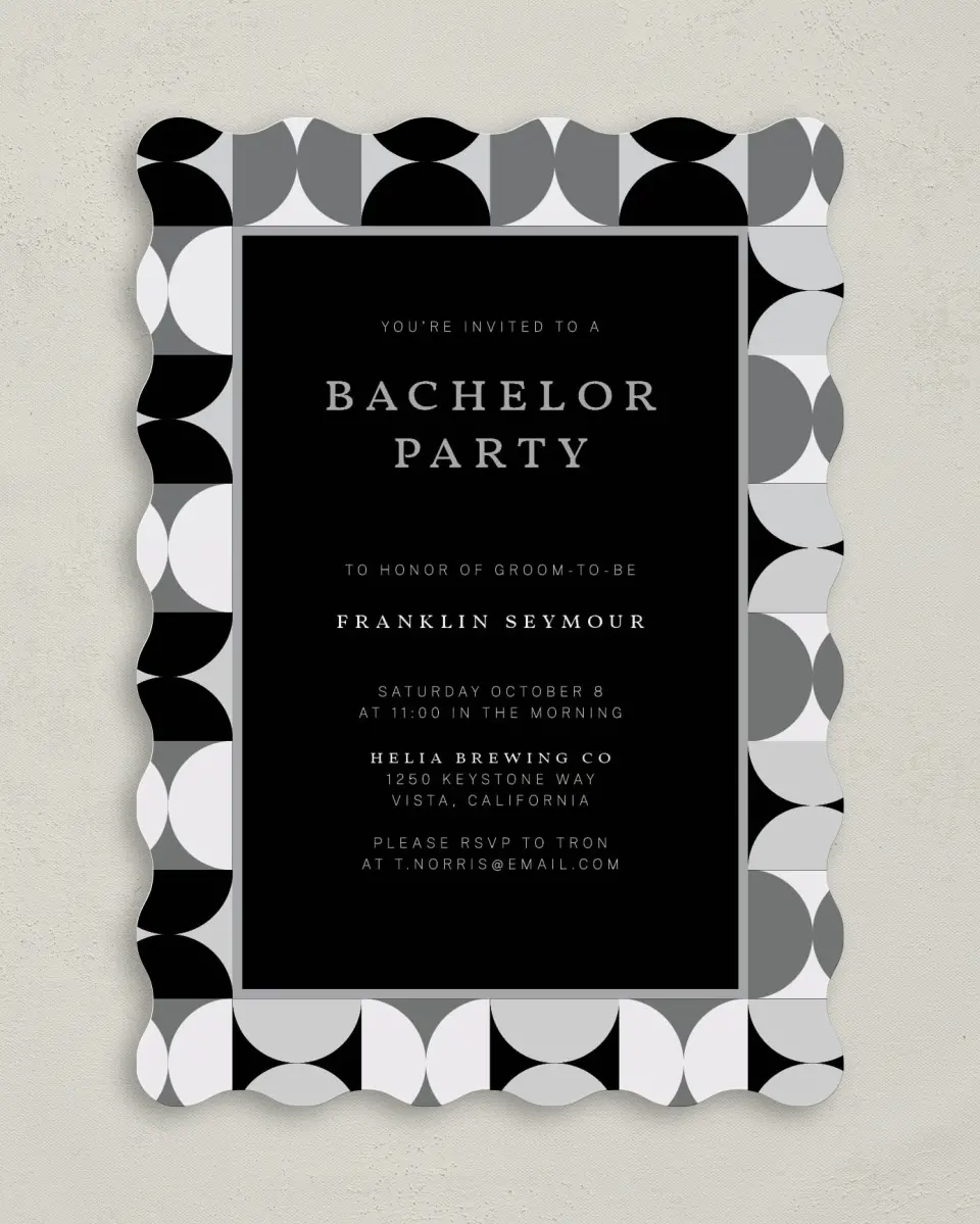 This is a 5" x 7" Bachelor Party Invitation called Stamped Bachelor printed in full color on Premium Smooth paper