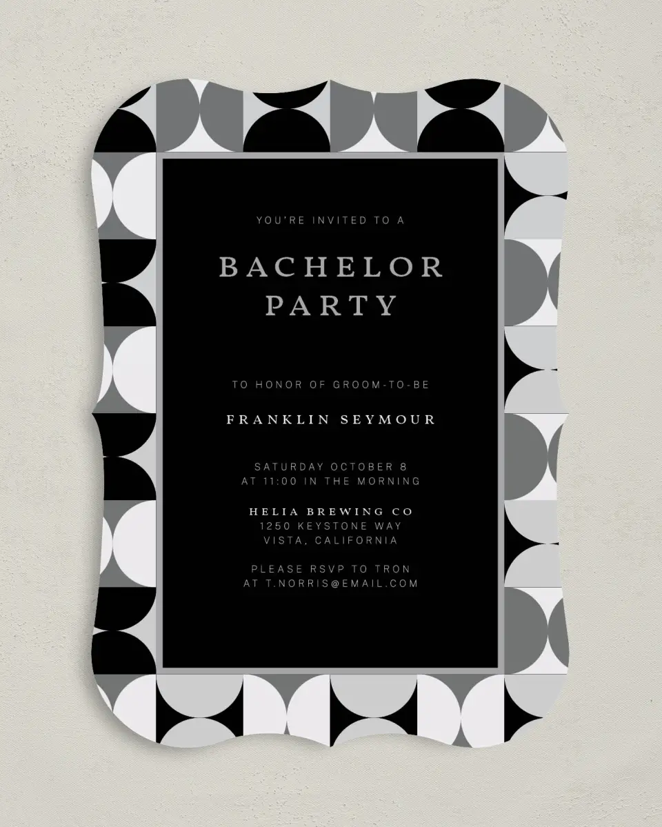 This is a 5" x 7" Bachelor Party Invitation called Stamped Bachelor printed in full color on Premium Smooth paper