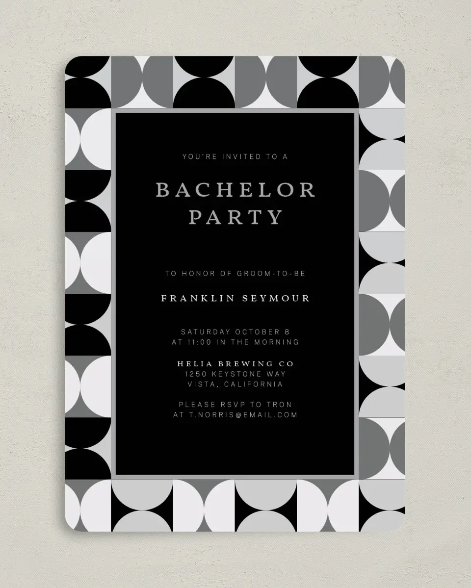 This is a 5" x 7" Bachelor Party Invitation called Stamped Bachelor printed in full color on Premium Smooth paper