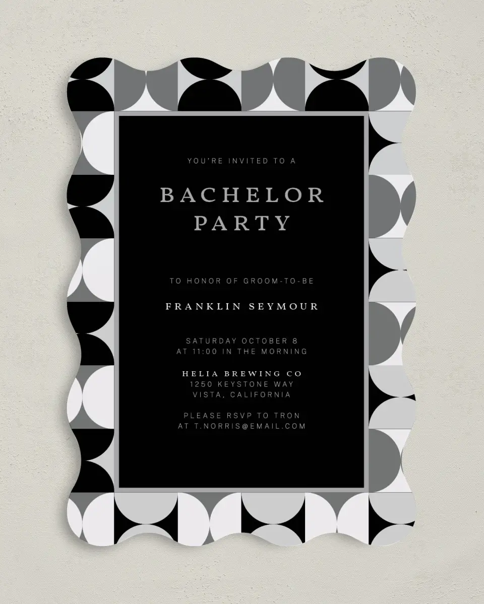 This is a 5" x 7" Bachelor Party Invitation called Stamped Bachelor printed in full color with Rose Gold foil on Luxe Satin (coated) paper