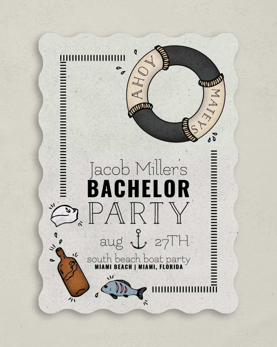 This is a 5" x 7" Bachelor Party Invitation called Ahoy Mateys printed in full color on Premium Smooth paper