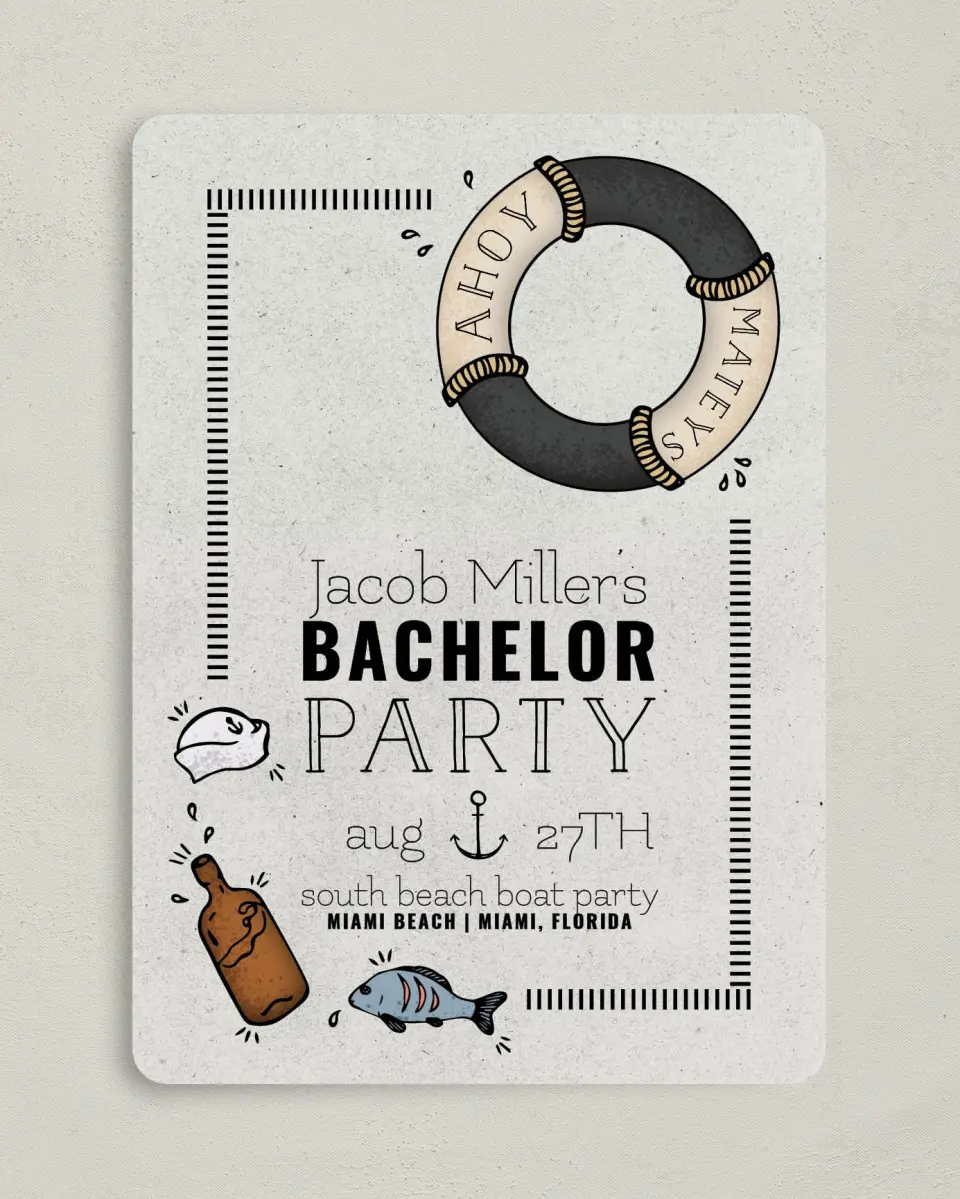 This is a 5" x 7" Bachelor Party Invitation called Ahoy Mateys printed in full color on Premium Smooth paper