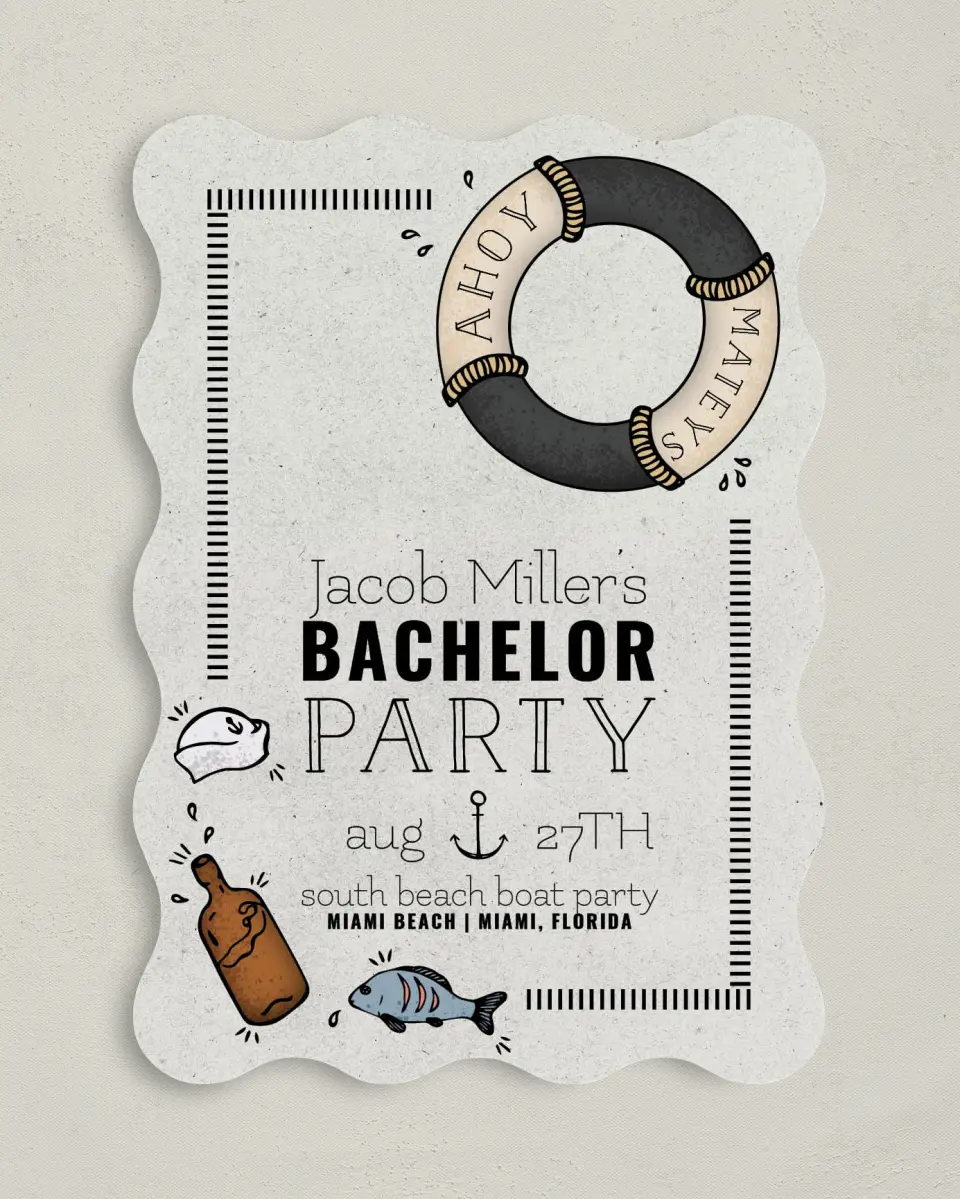 This is a 5" x 7" Bachelor Party Invitation called Ahoy Mateys printed in full color on Premium Smooth paper