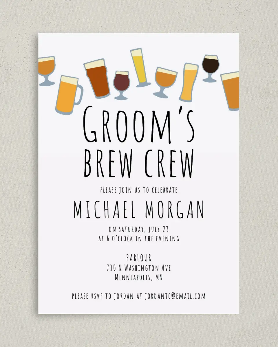 This is a 5" x 7" Bachelor Party Invitation called Brew Crew printed in full color on Premium Smooth paper