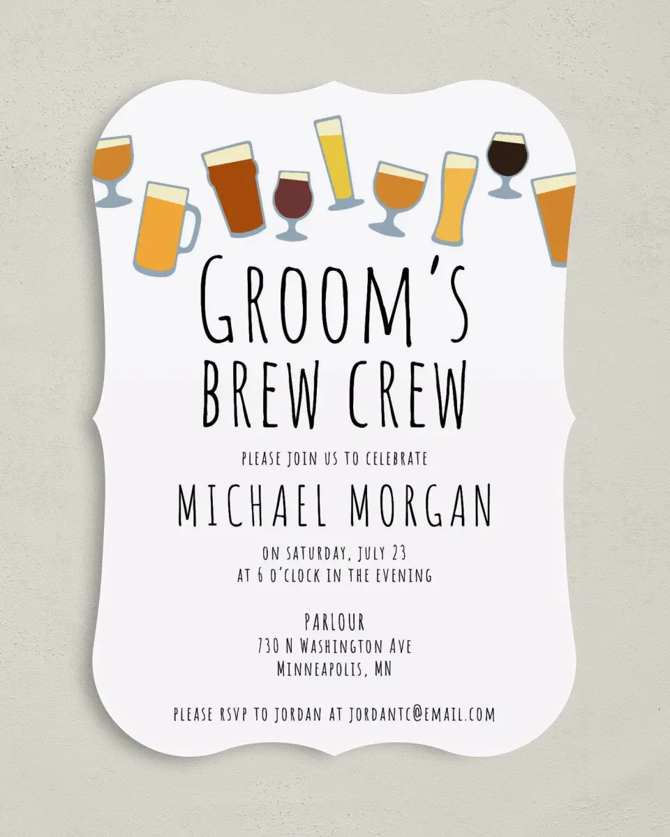 This is a 5" x 7" Bachelor Party Invitation called Brew Crew printed in full color on Premium Smooth paper