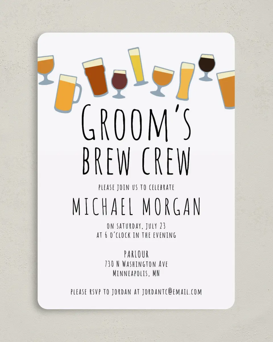 This is a 5" x 7" Bachelor Party Invitation called Brew Crew printed in full color on Premium Smooth paper