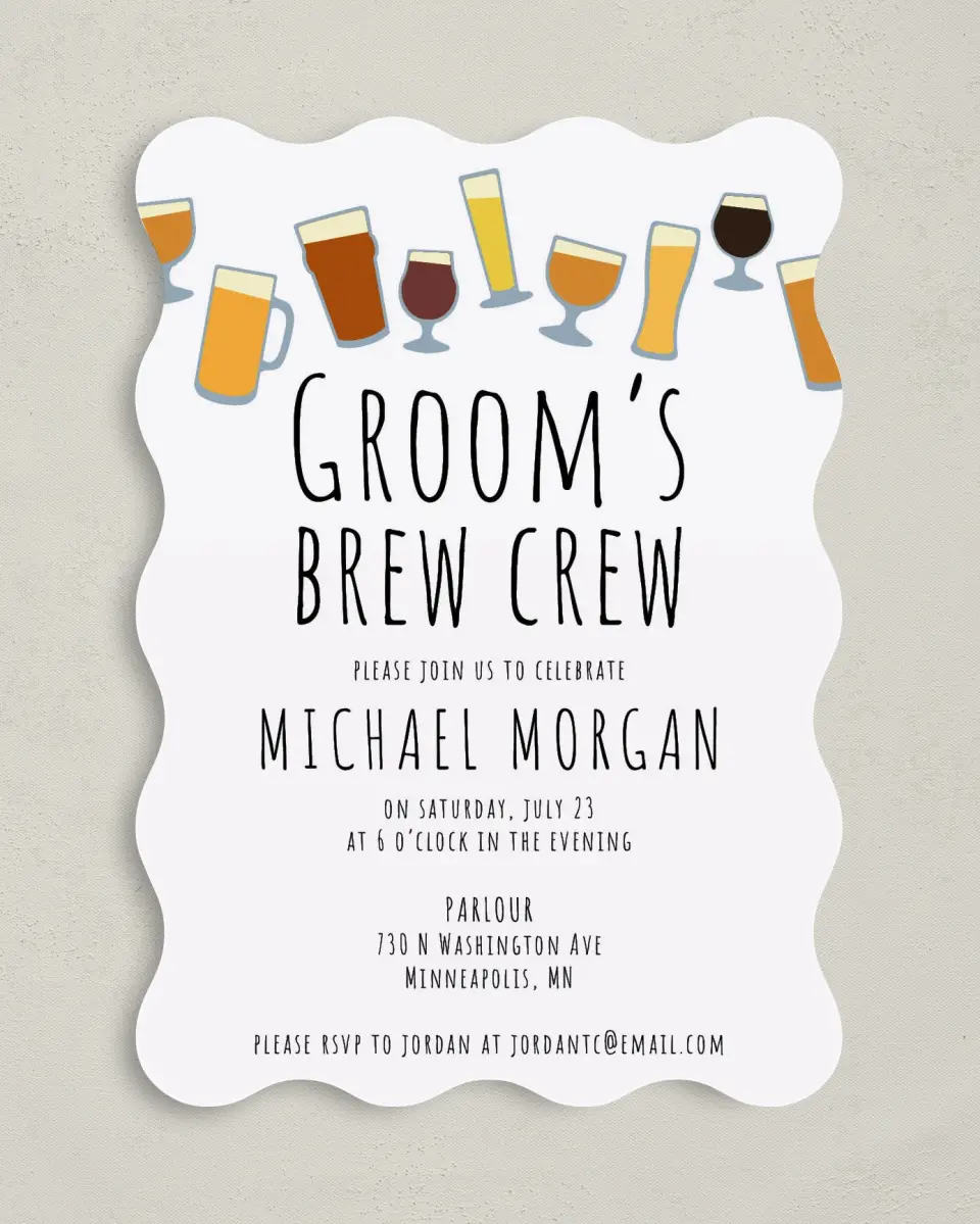 This is a 5" x 7" Bachelor Party Invitation called Brew Crew printed in full color on Premium Smooth paper