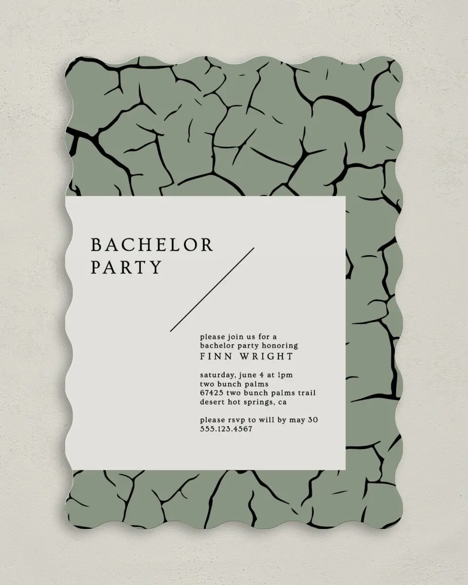 This is a 5" x 7" Bachelor Party Invitation called Modern Cracks printed in full color on Premium Smooth paper