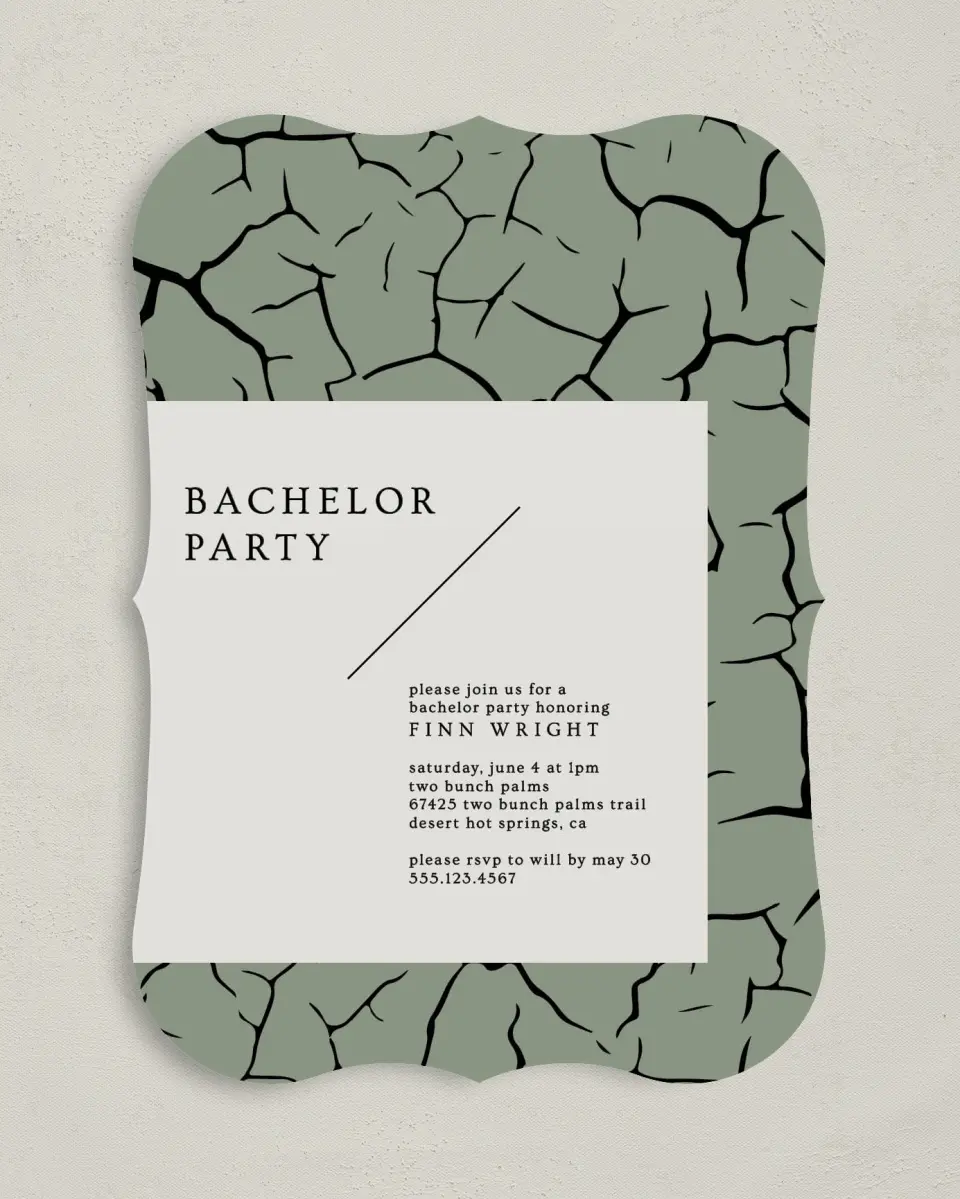 This is a 5" x 7" Bachelor Party Invitation called Modern Cracks printed in full color with Rose Gold foil on Luxe Satin (coated) paper