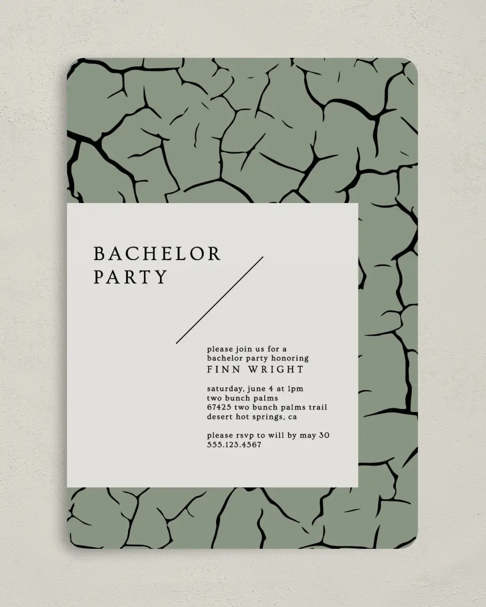 This is a 5" x 7" Bachelor Party Invitation called Modern Cracks printed in full color on Premium Smooth paper
