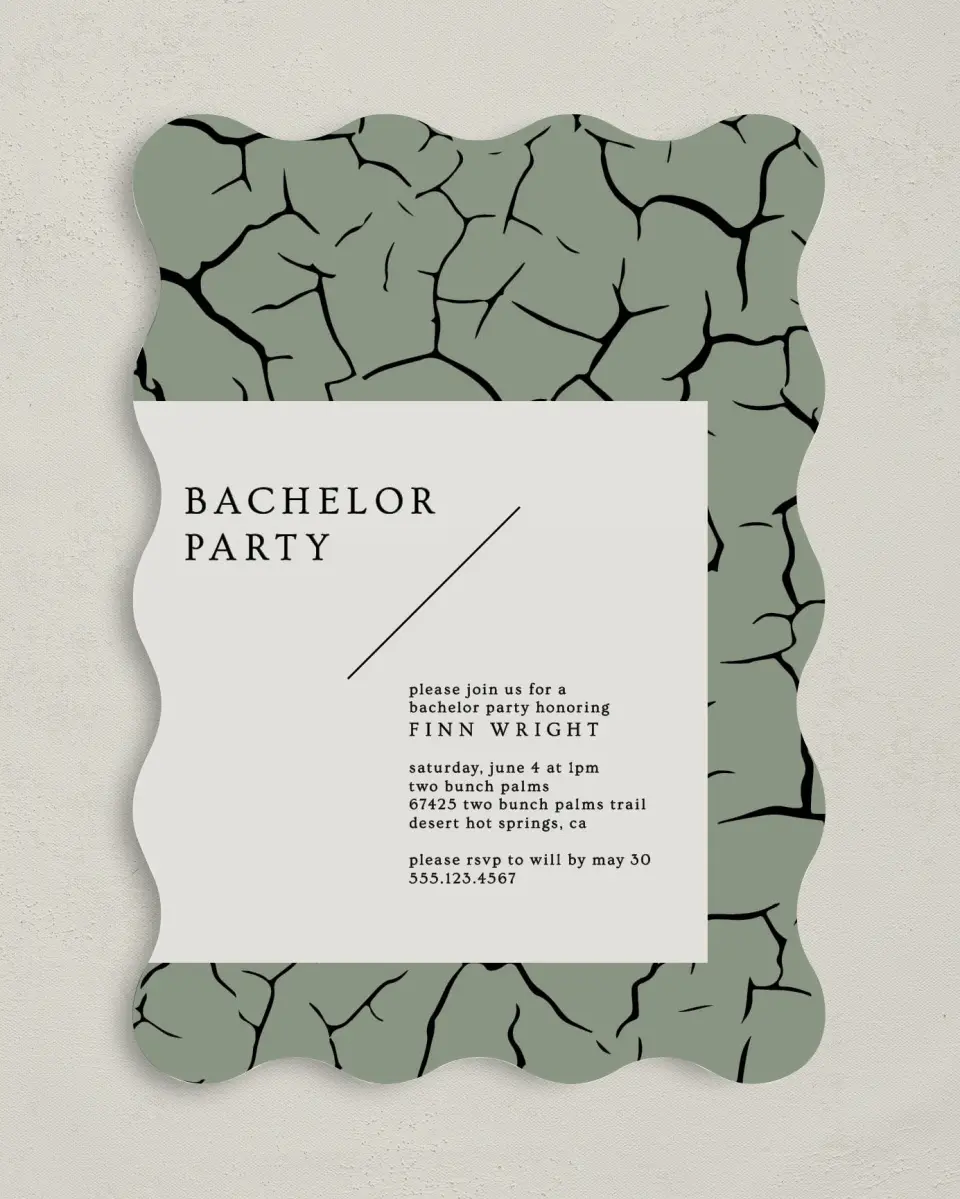 This is a 5" x 7" Bachelor Party Invitation called Modern Cracks printed in full color with Gold foil on Luxe Satin (coated) paper