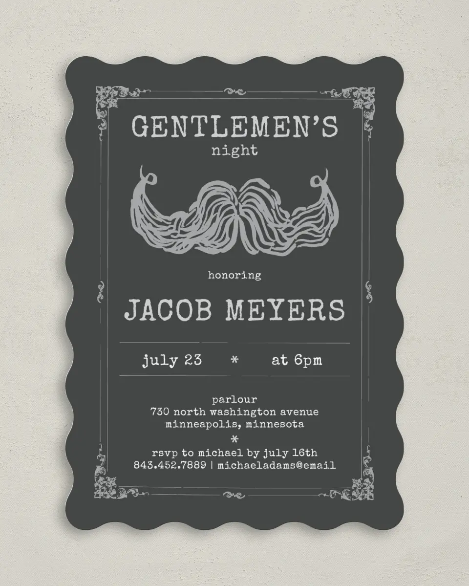 This is a 5" x 7" Bachelor Party Invitation called Gouache Stache printed in full color on Premium Smooth paper