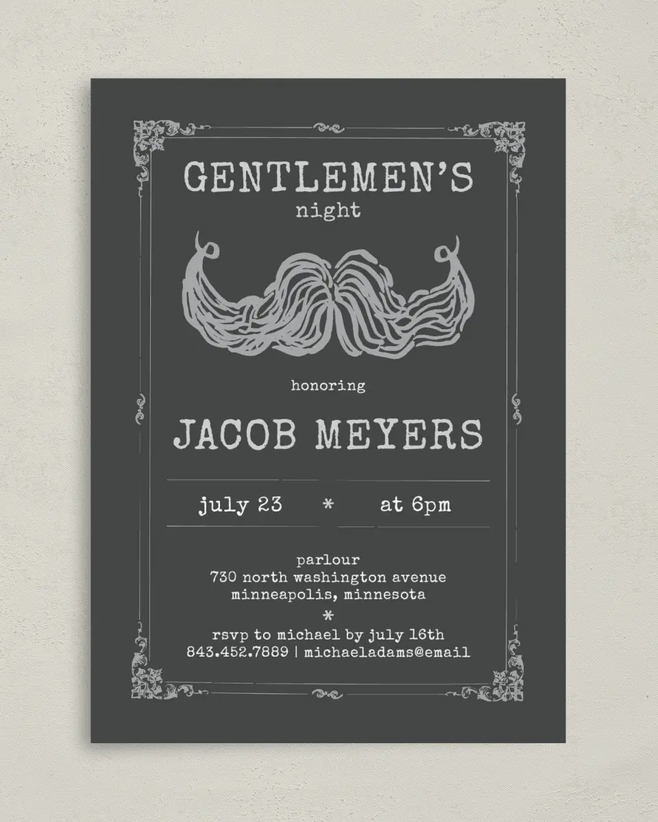 This is a 5" x 7" Bachelor Party Invitation called Gouache Stache printed in full color on Premium Smooth paper