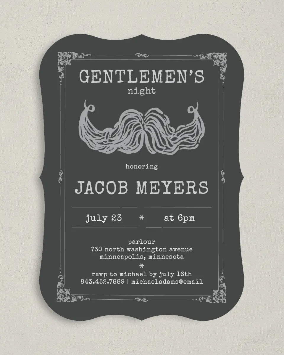 This is a 5" x 7" Bachelor Party Invitation called Gouache Stache printed in full color on Premium Smooth paper