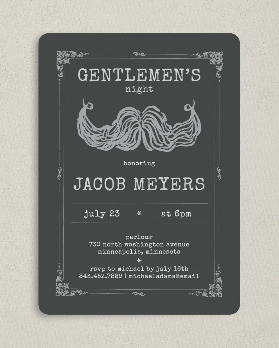 This is a 5" x 7" Bachelor Party Invitation called Gouache Stache printed in full color on Premium Smooth paper