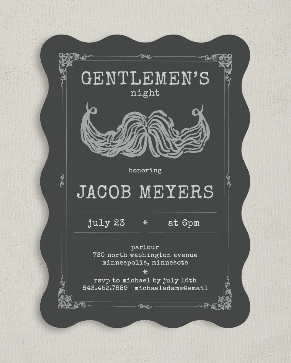 This is a 5" x 7" Bachelor Party Invitation called Gouache Stache printed in full color on Premium Smooth paper