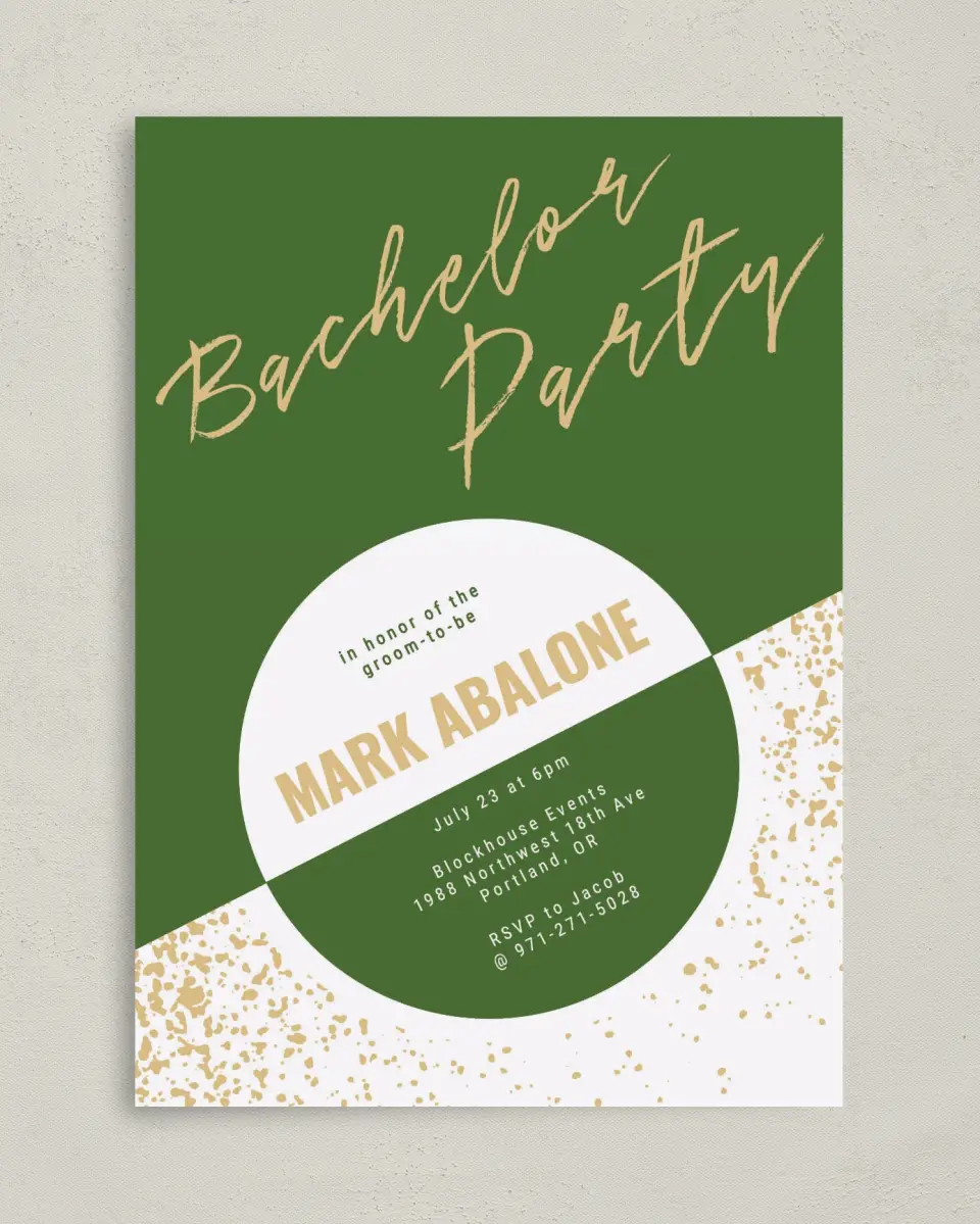 This is a 5" x 7" Bachelor Party Invitation called Bachelor Disc printed in full color on Premium Smooth paper