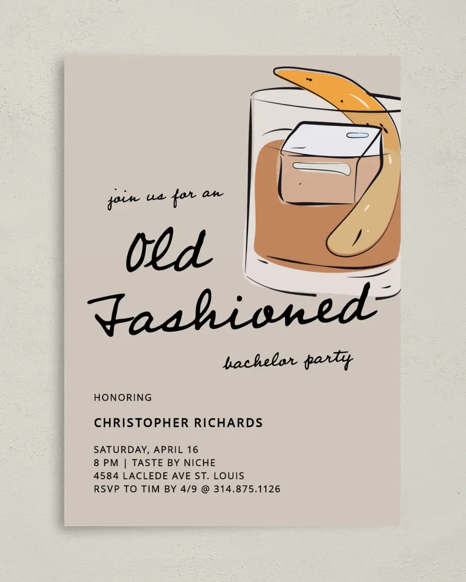 This is a 5" x 7" Bachelor Party Invitation called Bachelor Bubbly printed in full color with Gold foil on Luxe Satin (coated) paper