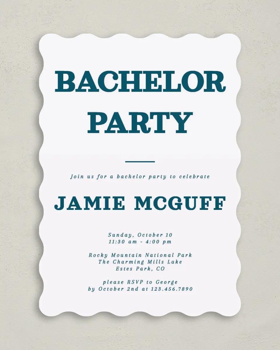This is a 5" x 7" Bachelor Party Invitation called Soon to be Soiree printed in full color on Premium Smooth paper