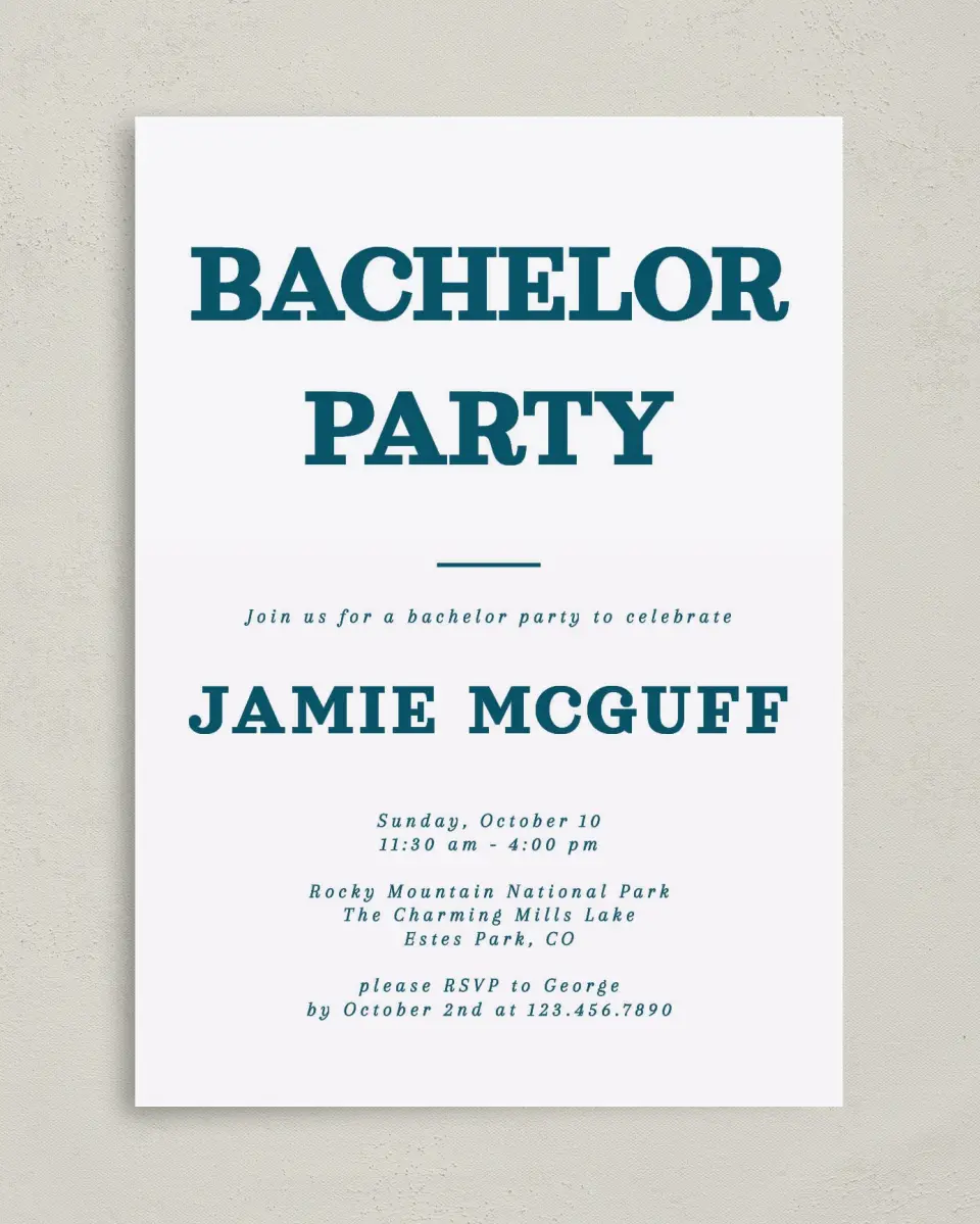 This is a 5" x 7" Bachelor Party Invitation called Soon to be Soiree printed in full color on Premium Smooth paper